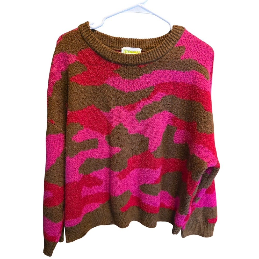 Yummy Sweater Co Pink Brown Camo Sweater L Womens Long Sleeve Warm Winter